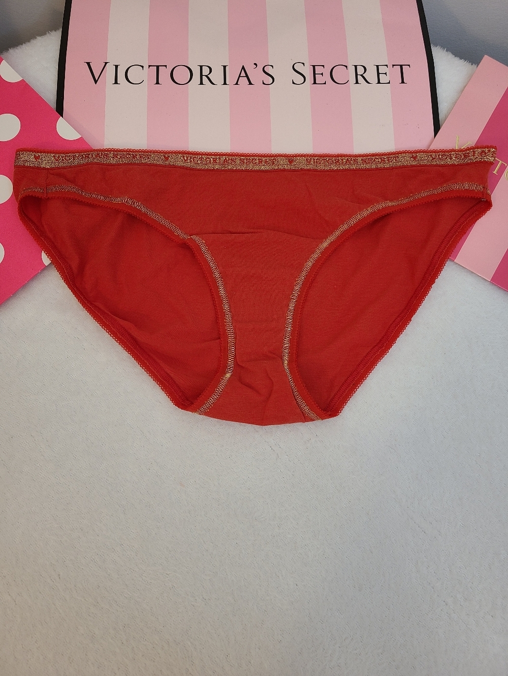 Y2K Victoria's Secret Signature Cotton Low Rise Bikini Panty Size Lg Red Gold